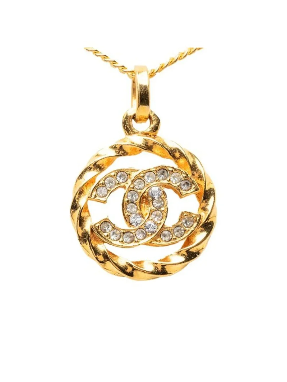 Chanel Vintage CC Logo Necklace Gold Plated Rhinestone